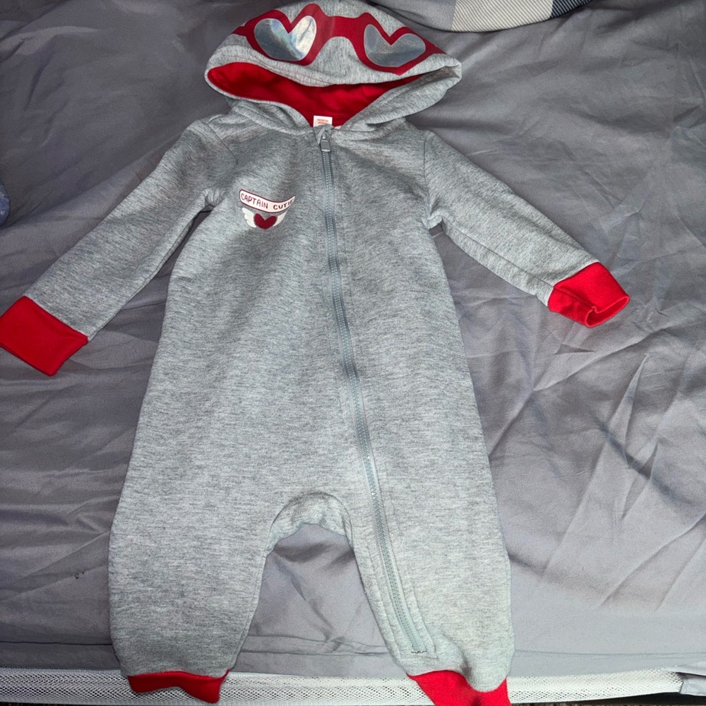 Cat & Jack Gray Hooded Zip Footie with Red Trim & Heart Details